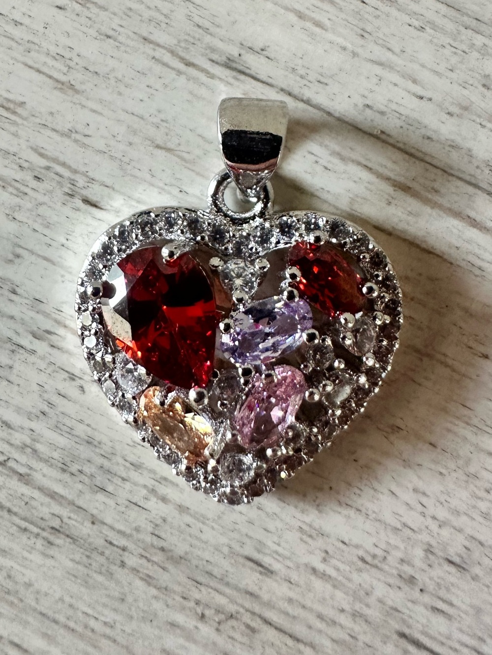 18k White Gold Plated Heart Pendant with Colored CZ stones